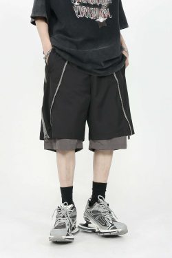 MRNEARLY Layered Zip Shorts - Y2K Summer Grunge, 90s Retro, Pastel Goth, Y2K Club Out