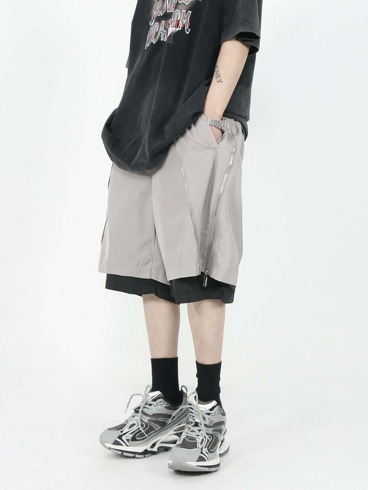 MRNEARLY Layered Zip Shorts - Y2K Summer Grunge, 90s Retro, Pastel Goth, Y2K Club Out