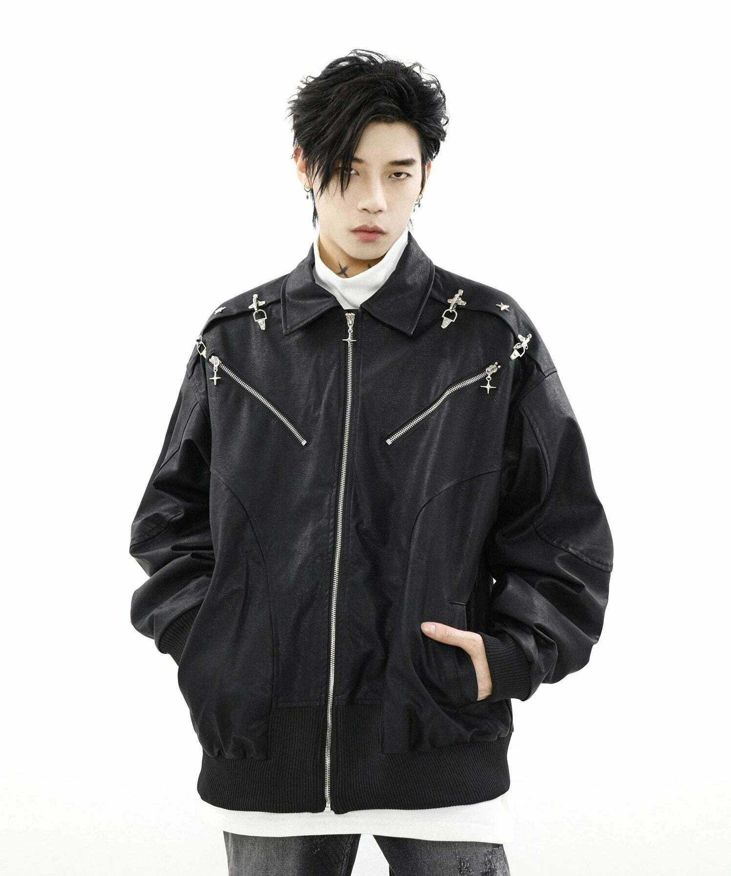 MRNEARLY Star-Studded Bomber Jacket - Y2K Summer, 90s Grunge, Retro Hip Hop, Pastel Goth