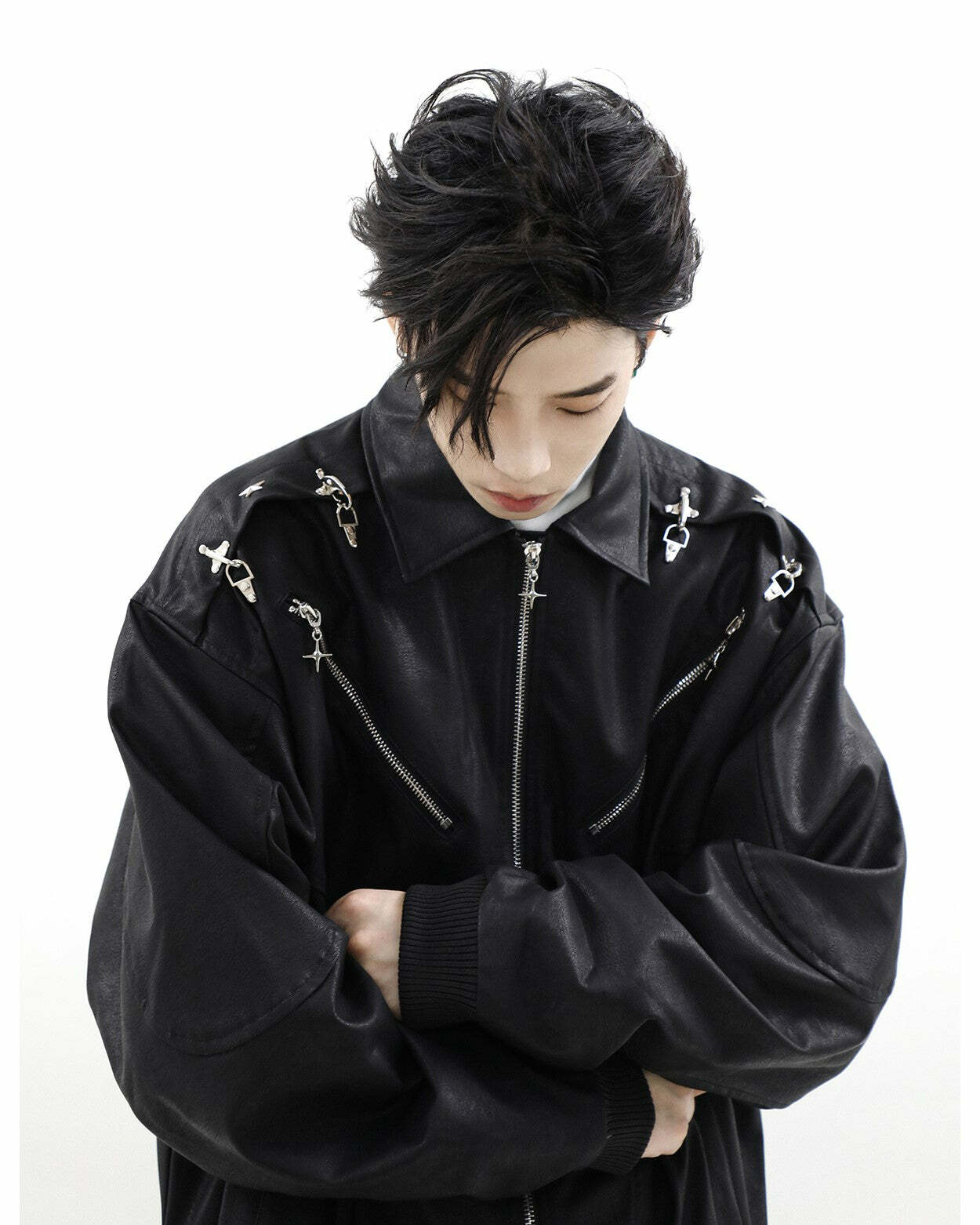 MRNEARLY Star-Studded Bomber Jacket - Y2K Summer, 90s Grunge, Retro Hip Hop, Pastel Goth