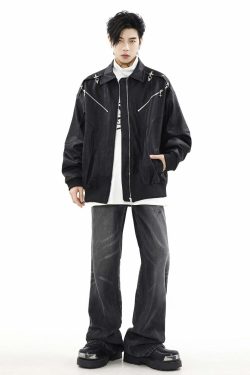 MRNEARLY Star-Studded Bomber Jacket - Y2K Summer, 90s Grunge, Retro Style, Y2K Party