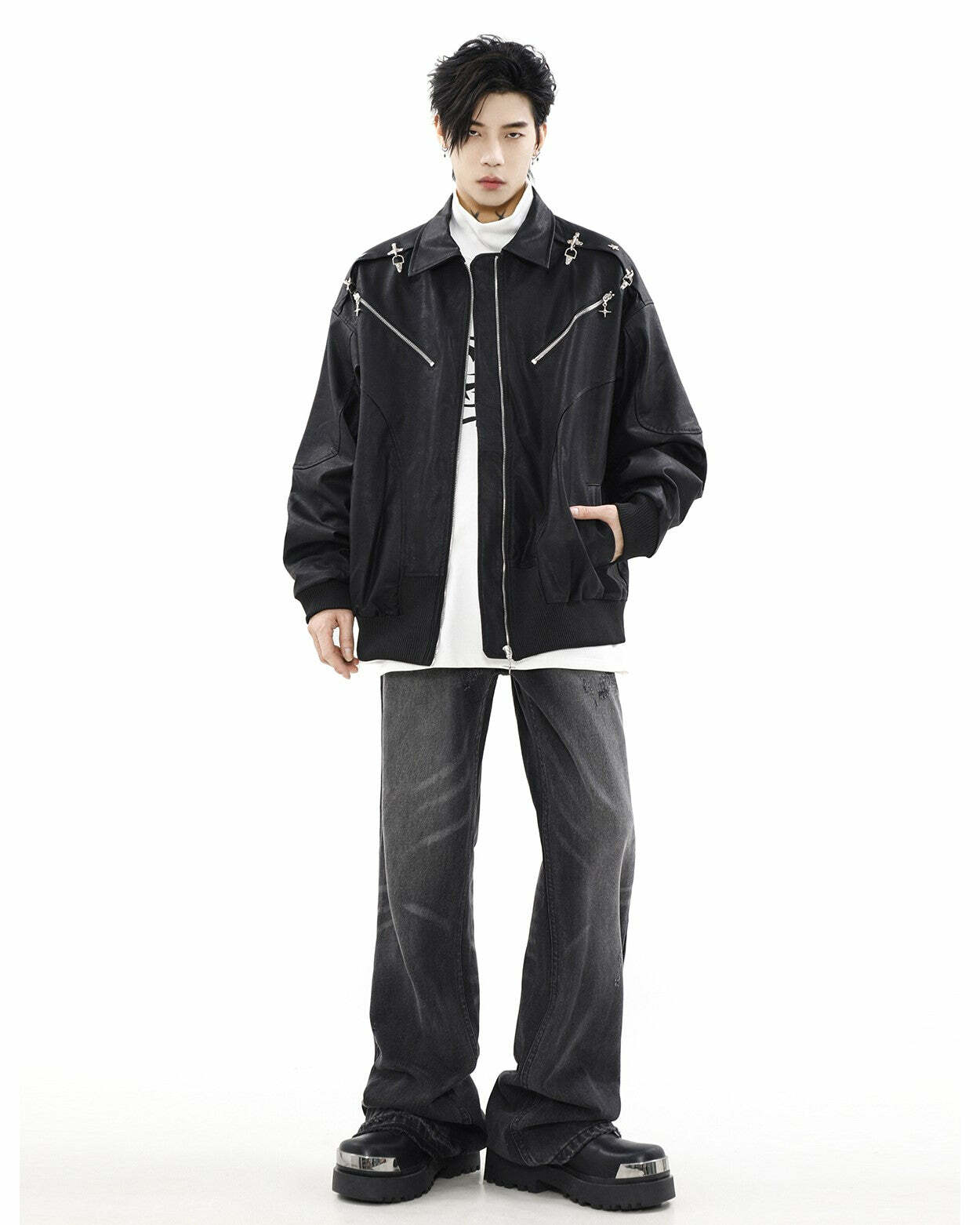MRNEARLY Star-Studded Bomber Jacket - Y2K Summer, 90s Grunge, Retro Style, Y2K Party