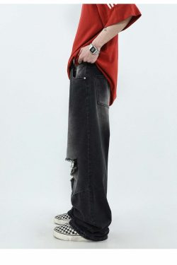 MRNEARLY Vintage Washed Ripped Jeans - Y2K Grunge, 90s Fashion, Retro Style, Y2K Summer Out