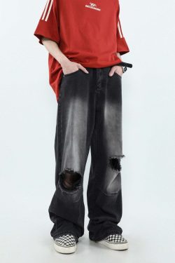 MRNEARLY Vintage Washed Ripped Jeans - Y2K Grunge, 90s Fashion, Retro Style, Y2K Summer Out