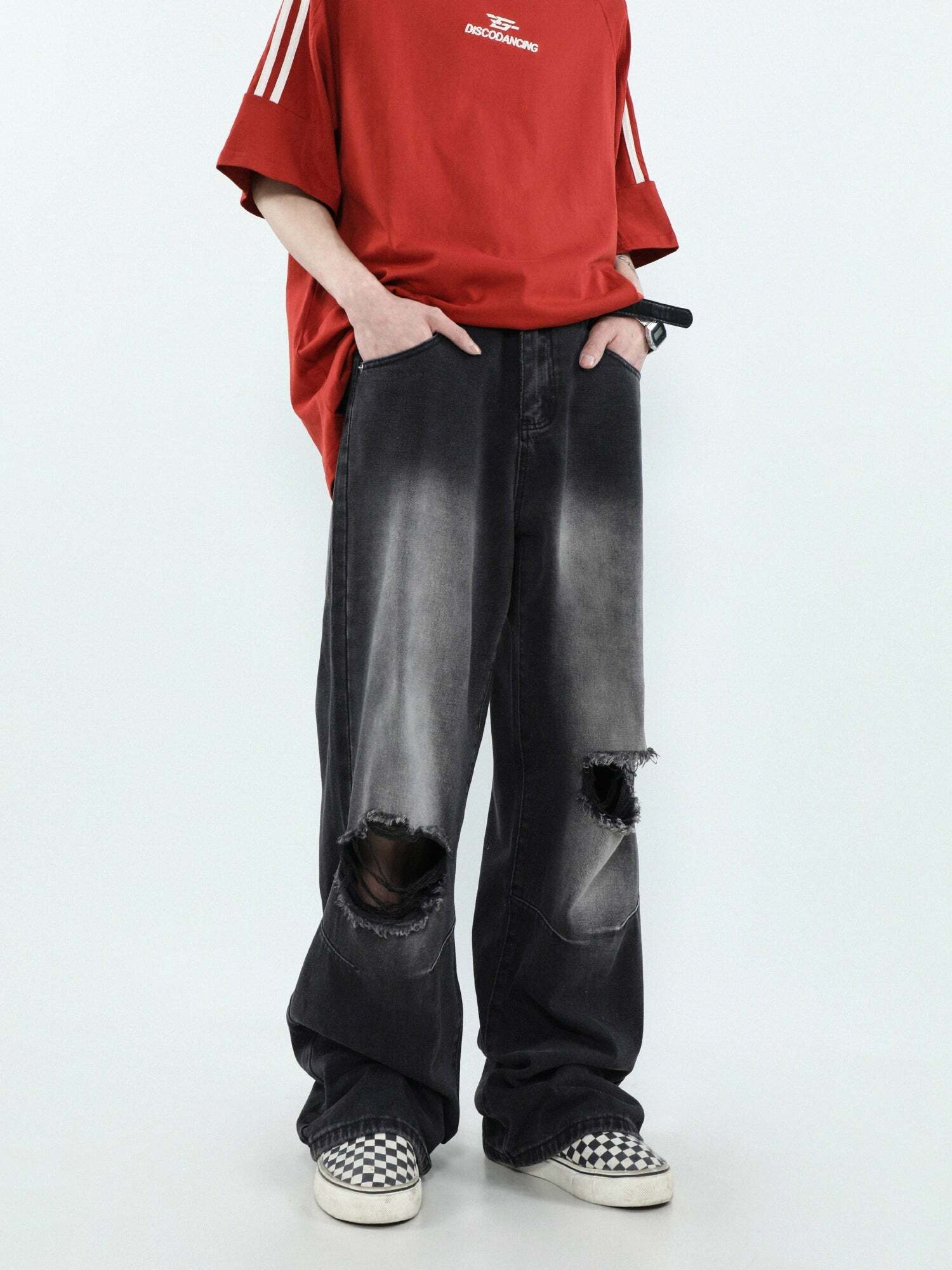 MRNEARLY Vintage Washed Ripped Jeans - Y2K Grunge, 90s Fashion, Retro Style, Y2K Summer Out