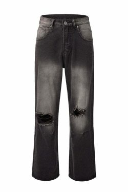 MRNEARLY Vintage Washed Ripped Jeans - Y2K Grunge, 90s Fashion, Retro Style, Y2K Summer Out