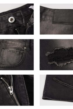 MRNEARLY Vintage Washed Ripped Jeans - Y2K Grunge, 90s Fashion, Retro Style, Y2K Summer Out