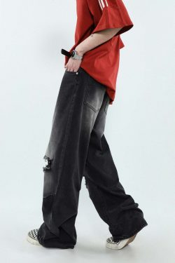 MRNEARLY Vintage Washed Ripped Jeans - Y2K Grunge, 90s Fashion, Retro Style, Y2K Summer Out