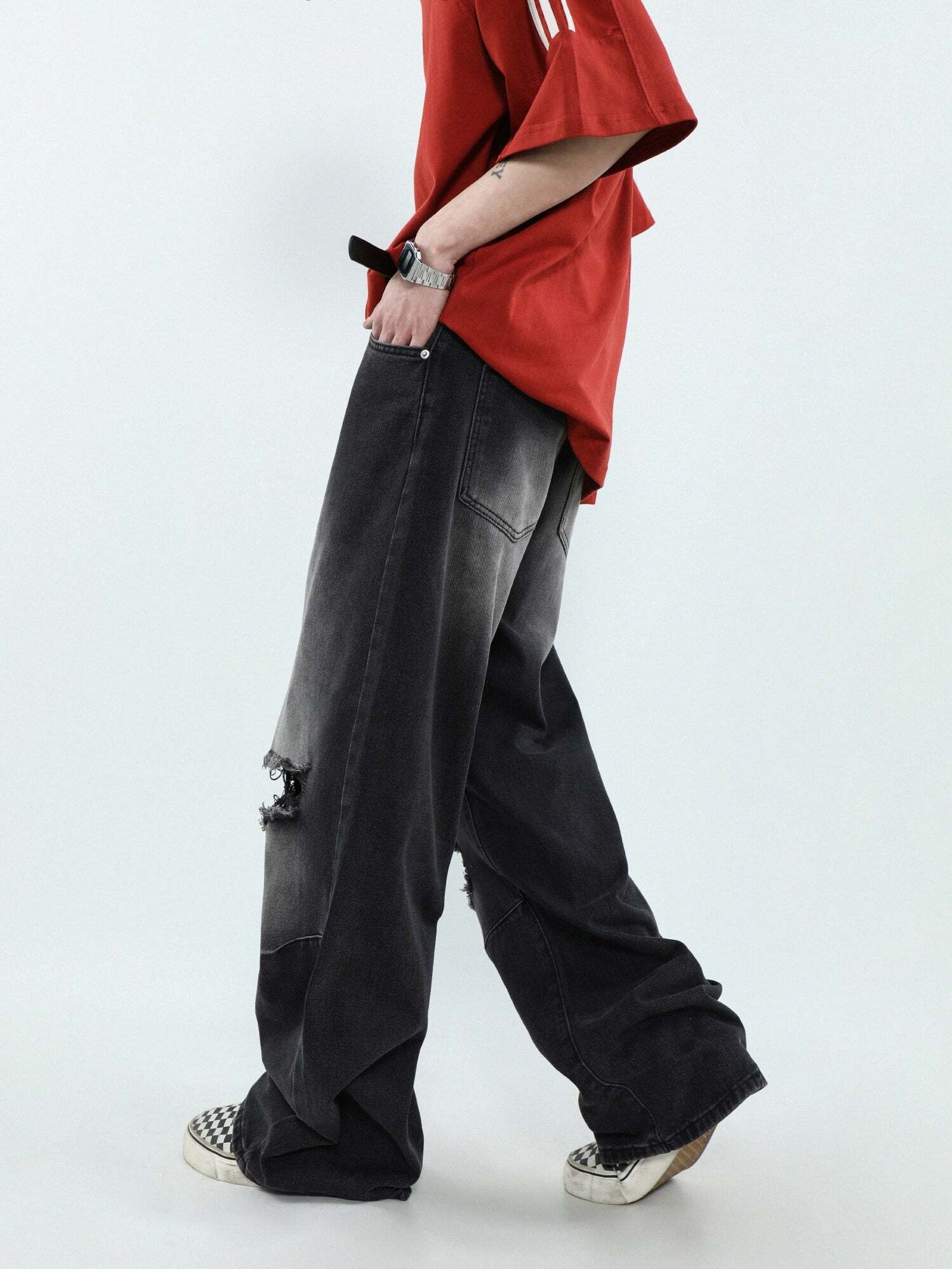 MRNEARLY Vintage Washed Ripped Jeans - Y2K Grunge, 90s Fashion, Retro Style, Y2K Summer Out