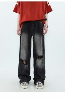 MRNEARLY Vintage Washed Ripped Jeans - Y2K Grunge, 90s Fashion, Retro Style, Y2K Summer Out
