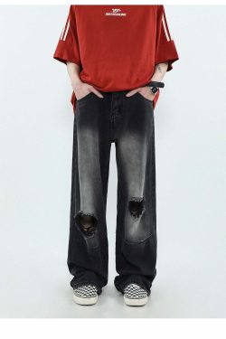 MRNEARLY Vintage Washed Ripped Jeans - Y2K Grunge, 90s Fashion, Retro Style, Y2K Summer Out