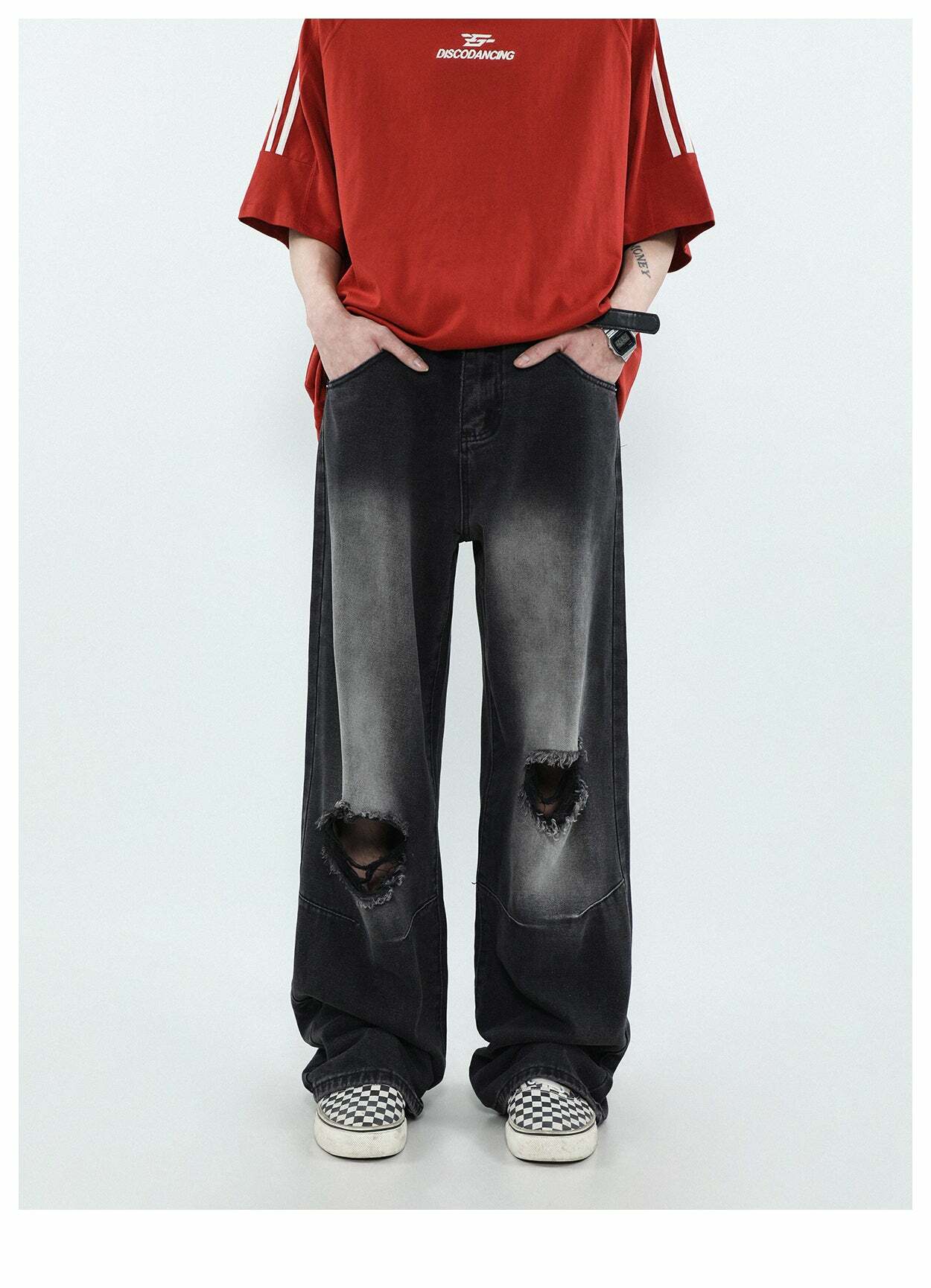 MRNEARLY Vintage Washed Ripped Jeans - Y2K Grunge, 90s Fashion, Retro Style, Y2K Summer Out