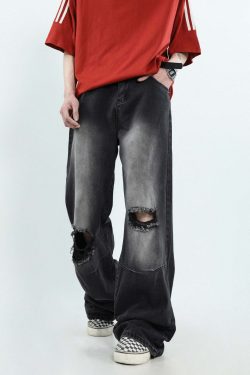 MRNEARLY Vintage Washed Ripped Jeans - Y2K Grunge, 90s Fashion, Retro Style, Y2K Summer Out