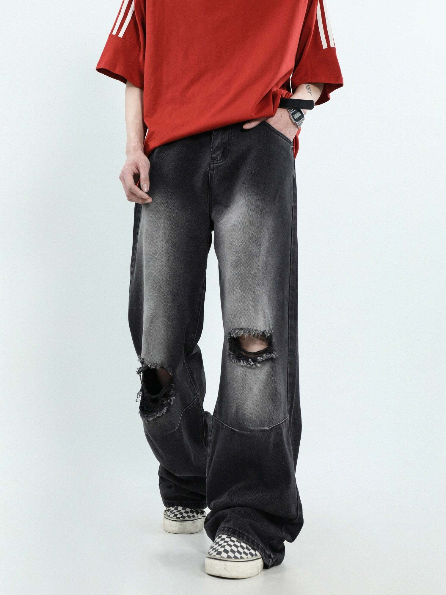 MRNEARLY Vintage Washed Ripped Jeans - Y2K Grunge, 90s Fashion, Retro Style, Y2K Summer Out