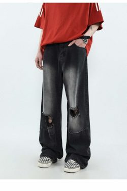 MRNEARLY Vintage Washed Ripped Jeans - Y2K Grunge, 90s Fashion, Retro Style, Y2K Summer Out