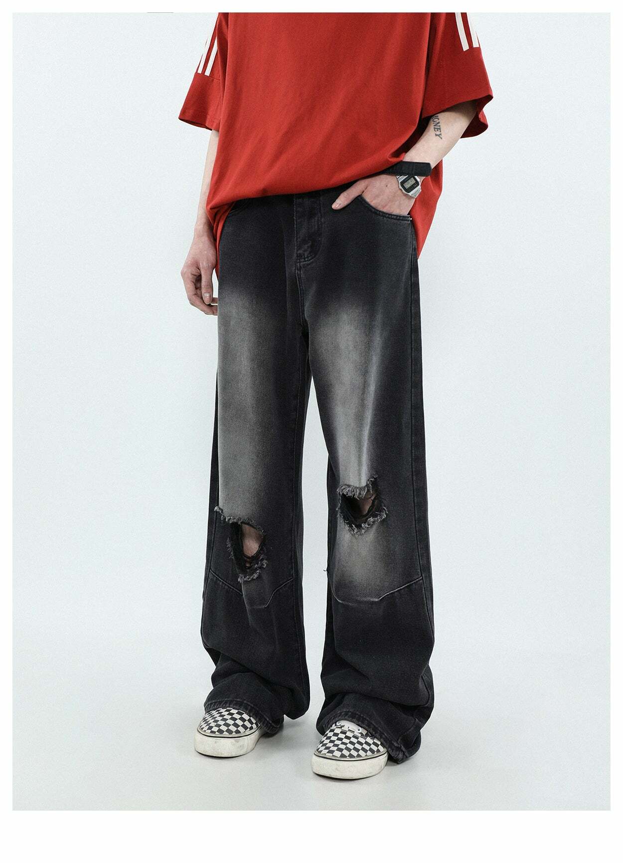 MRNEARLY Vintage Washed Ripped Jeans - Y2K Grunge, 90s Fashion, Retro Style, Y2K Summer Out