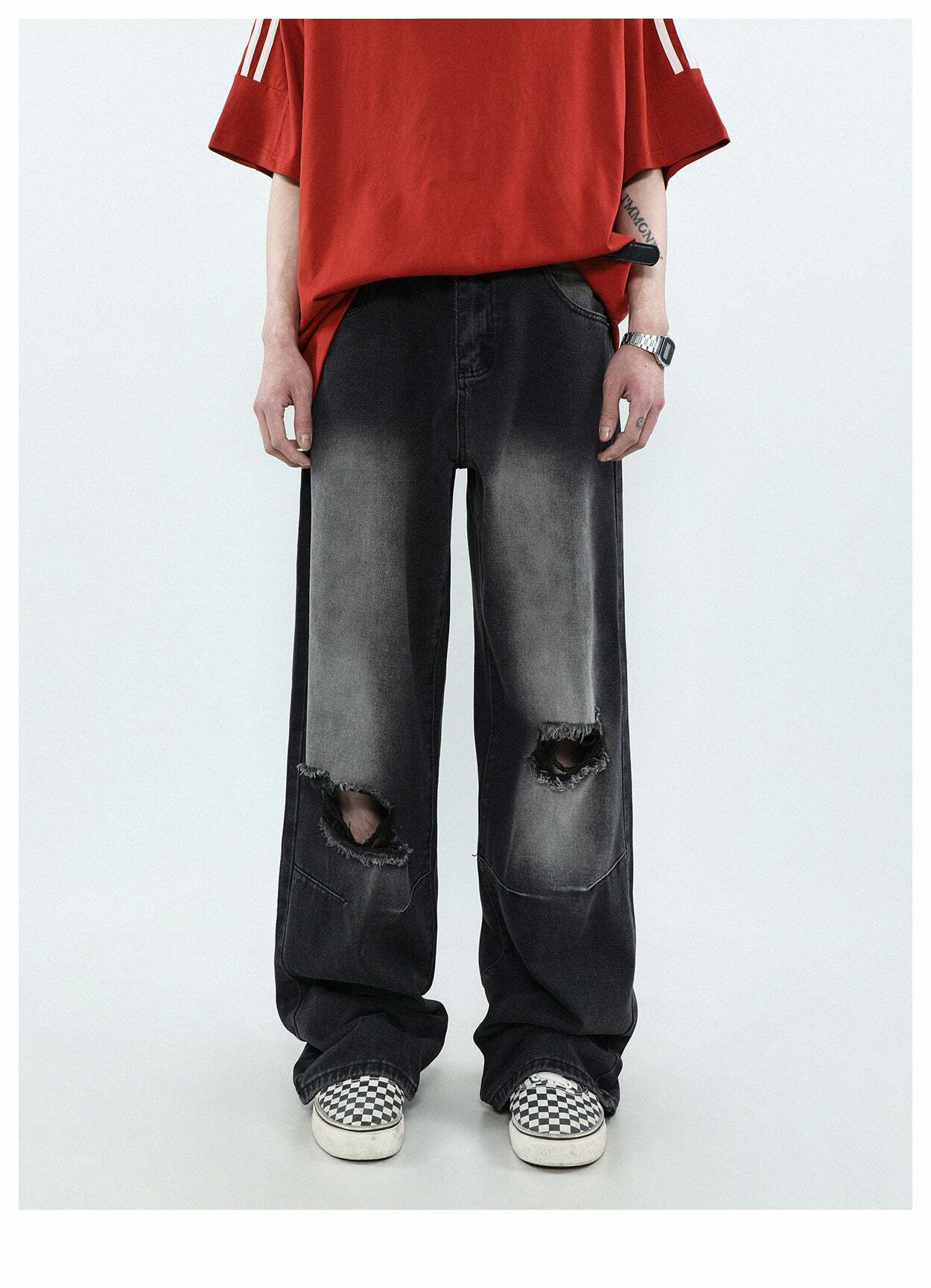 MRNEARLY Vintage Washed Ripped Jeans - Y2K Grunge 90s Fashion, Retro Summer Outfits, Hip Hop Style