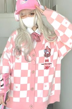 My Melody Pink Checker Cardigan Sweater - Y2K Summer, 90s Fashion, Grunge, Retro, Pastel Goth