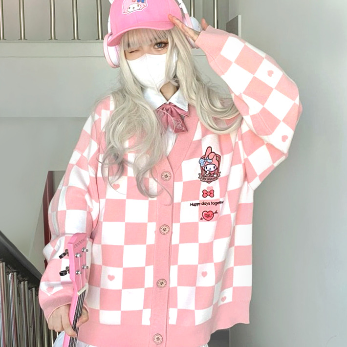 My Melody Pink Checker Cardigan Sweater - Y2K Summer, 90s Fashion, Grunge, Retro, Pastel Goth