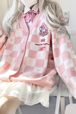 My Melody Pink Checker Cardigan Sweater - Y2K Summer, 90s Fashion, Grunge, Retro, Pastel Goth