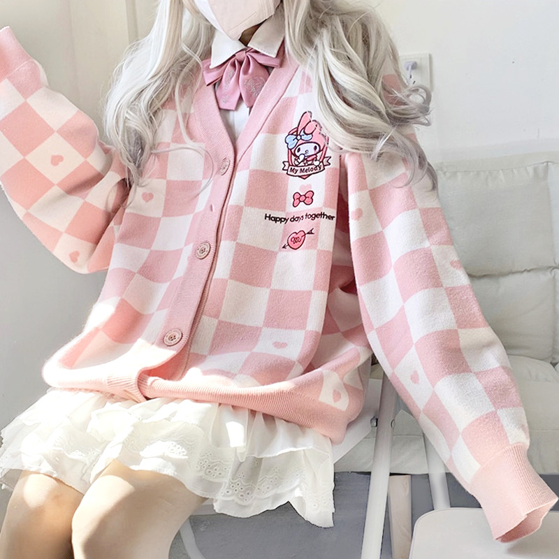My Melody Pink Checker Cardigan Sweater - Y2K Summer, 90s Fashion, Grunge, Retro, Pastel Goth