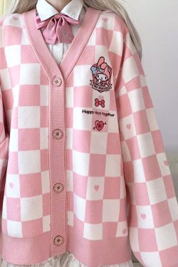 My Melody Pink Checker Cardigan Sweater - Y2K Summer, 90s Fashion, Grunge, Retro, Pastel Goth
