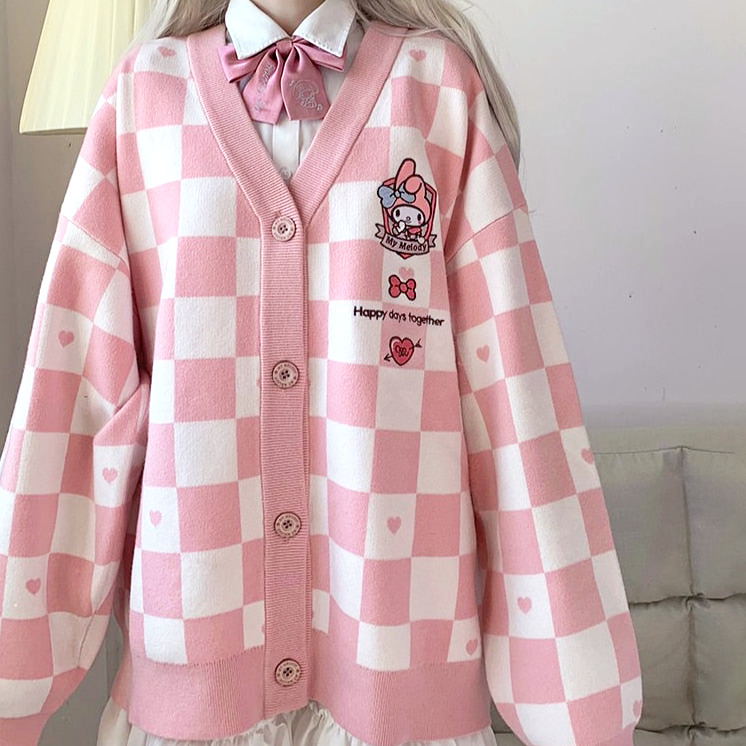 My Melody Pink Checker Cardigan Sweater - Y2K Summer, 90s Fashion, Grunge, Retro, Pastel Goth