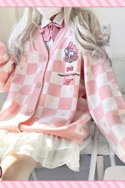 My Melody Pink Checker Cardigan Sweater - Y2K Summer, 90s Fashion, Grunge, Retro, Pastel Goth