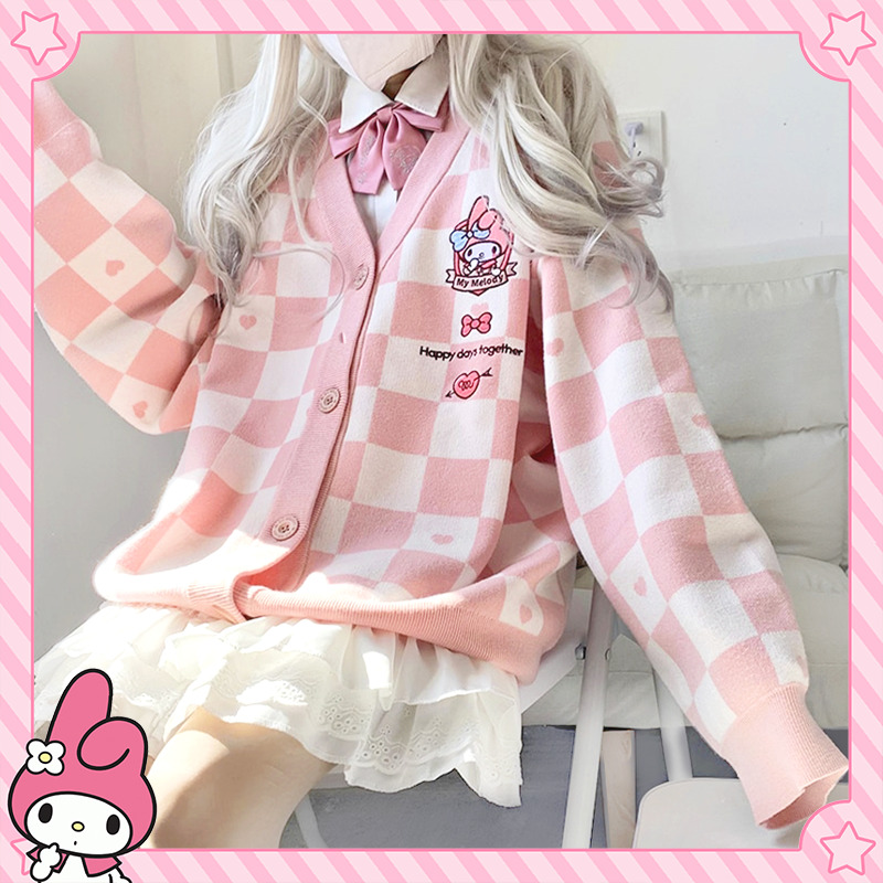 My Melody Pink Checker Cardigan Sweater - Y2K Summer, 90s Fashion, Grunge, Retro, Pastel Goth