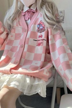 My Melody Pink Checker Cardigan Sweater - Y2K Summer, 90s Fashion, Grunge, Retro, Pastel Goth