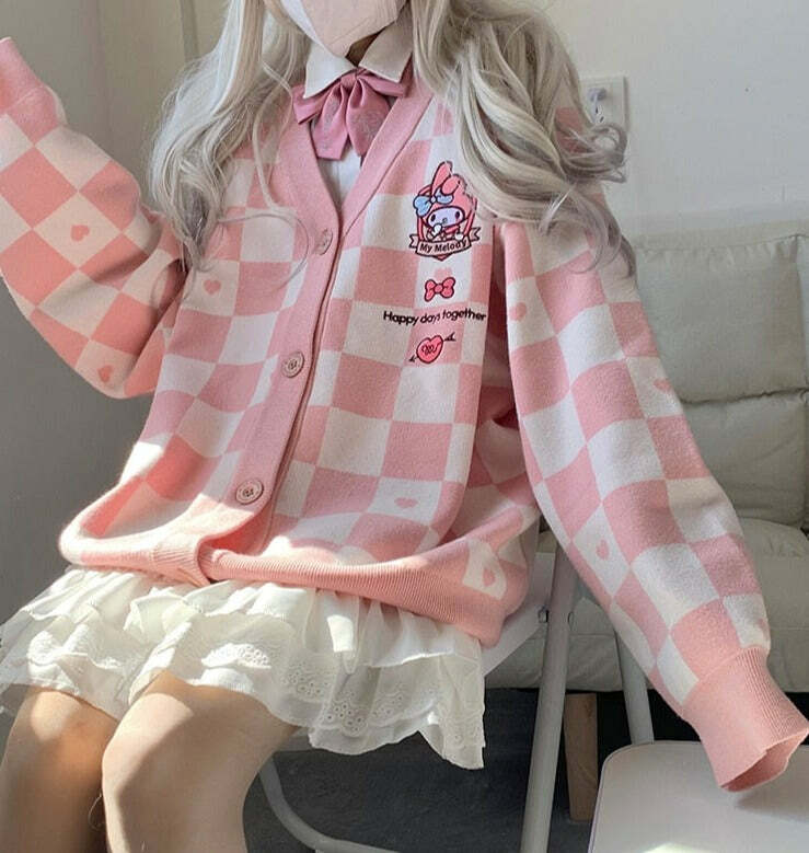 My Melody Pink Checker Cardigan Sweater - Y2K Summer, 90s Fashion, Grunge, Retro, Pastel Goth