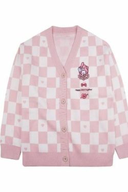 My Melody Pink Checker Cardigan Sweater - Y2K Summer, 90s Fashion, Grunge, Retro, Pastel Goth