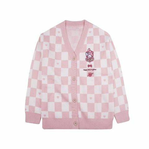 My Melody Pink Checker Cardigan Sweater - Y2K Summer, 90s Fashion, Grunge, Retro, Pastel Goth