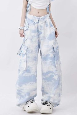 Mystic Blue Tie Dye Gothic Cargo Pants - Y2K Grunge Summer Outfit, 90s Retro Fashion