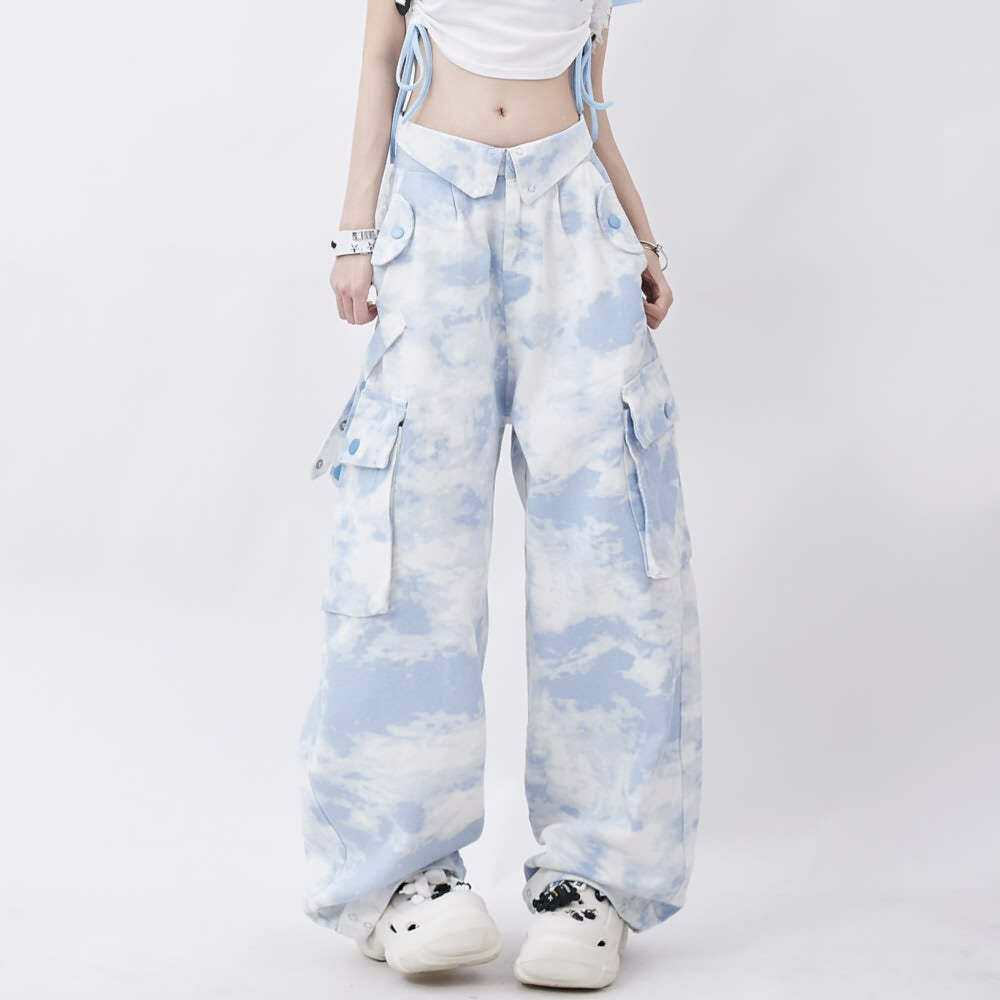 Mystic Blue Tie Dye Gothic Cargo Pants - Y2K Grunge Summer Outfit, 90s Retro Fashion