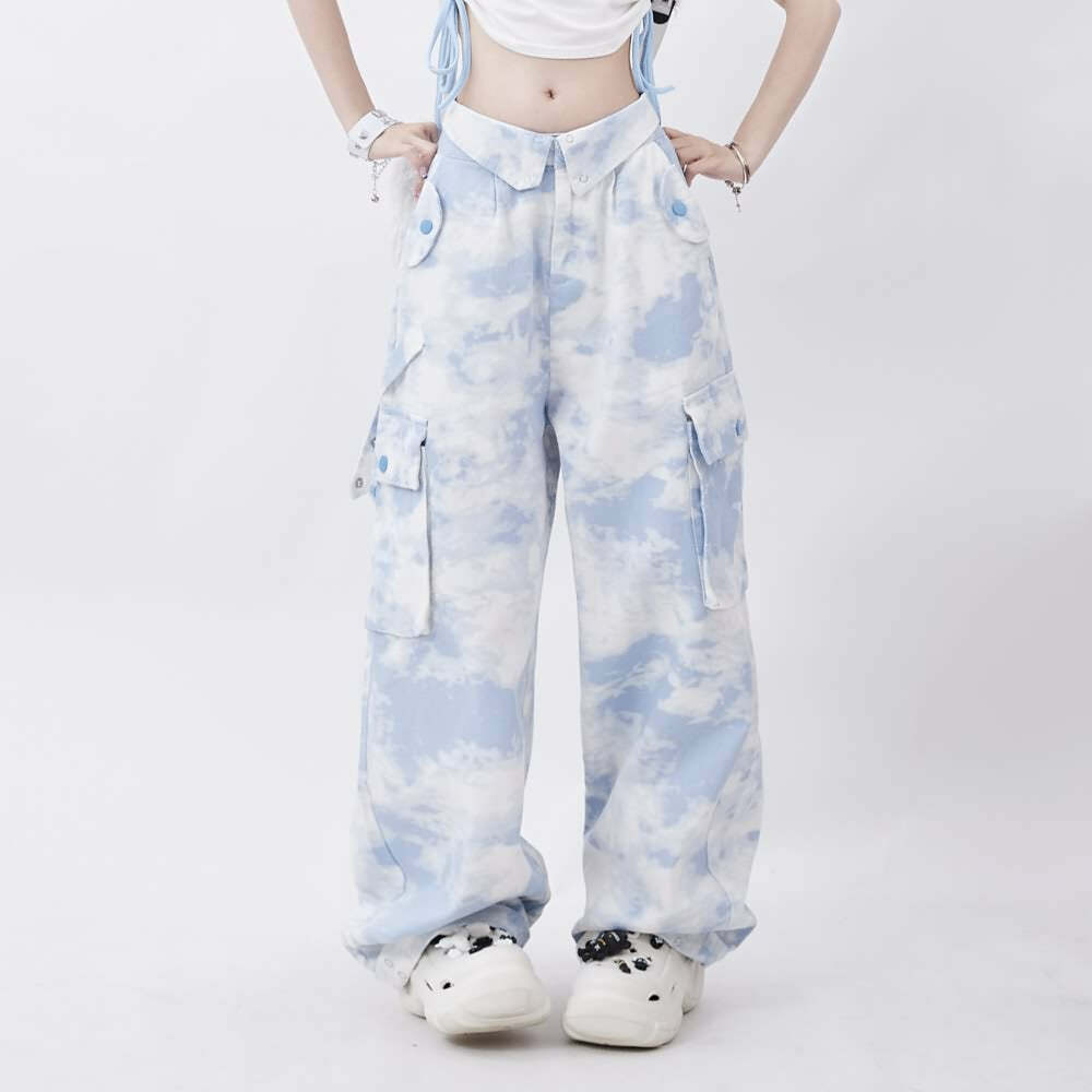 Mystic Blue Tie Dye Gothic Cargo Pants - Y2K Grunge Summer Outfit, 90s Retro Fashion