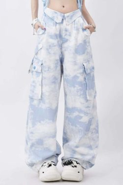 Mystic Blue Tie Dye Gothic Cargo Pants - Y2K Grunge Summer Outfit, 90s Retro Fashion