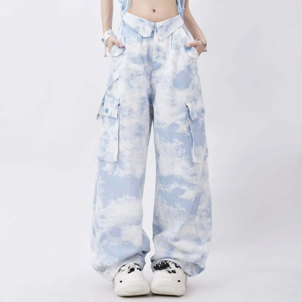 Mystic Blue Tie Dye Gothic Cargo Pants - Y2K Grunge Summer Outfit, 90s Retro Fashion