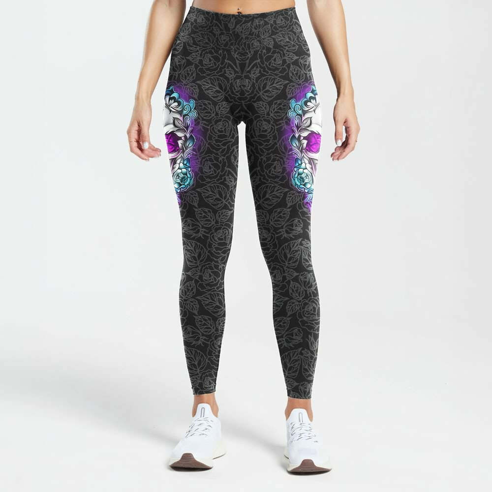 Mystic Floral Skull High Waist Leggings - Y2K Grunge, 90s Fashion, Retro Goth, Summer Y2K Outfits