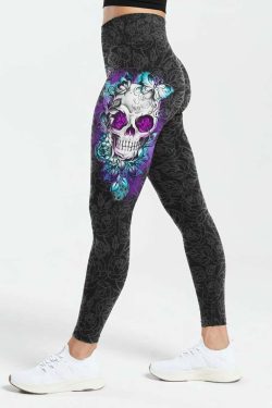 Mystic Floral Skull High Waist Leggings - Y2K Grunge, 90s Fashion, Retro Goth, Summer Y2K Outfits