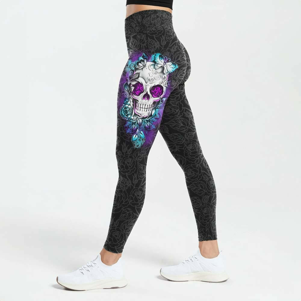 Mystic Floral Skull High Waist Leggings - Y2K Grunge, 90s Fashion, Retro Goth, Summer Y2K Outfits