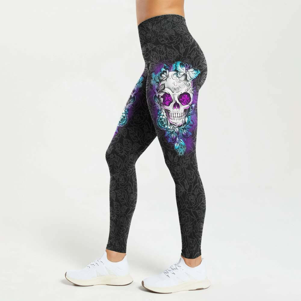 Mystic Floral Skull High Waist Leggings - Y2K Grunge, 90s Fashion, Retro Goth, Summer Y2K Outfits