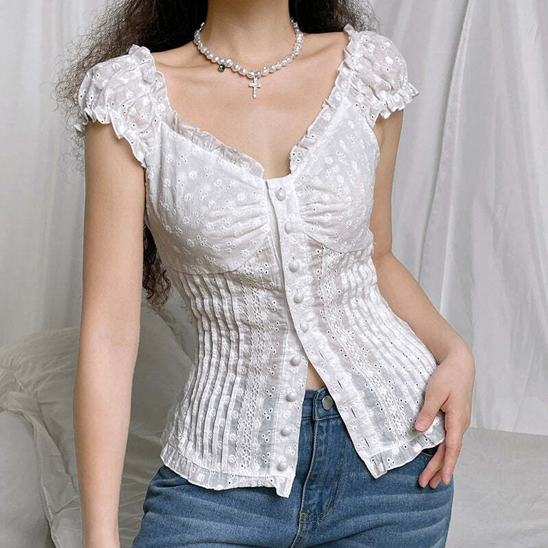 Naila Short Sleeve Lace Top - Y2K Summer Grunge, 90s Retro, Pastel Goth, Y2K Party Outfit
