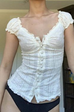 Naila Short Sleeve Lace Top - Y2K Summer Grunge, 90s Retro, Pastel Goth, Y2K Party Outfit