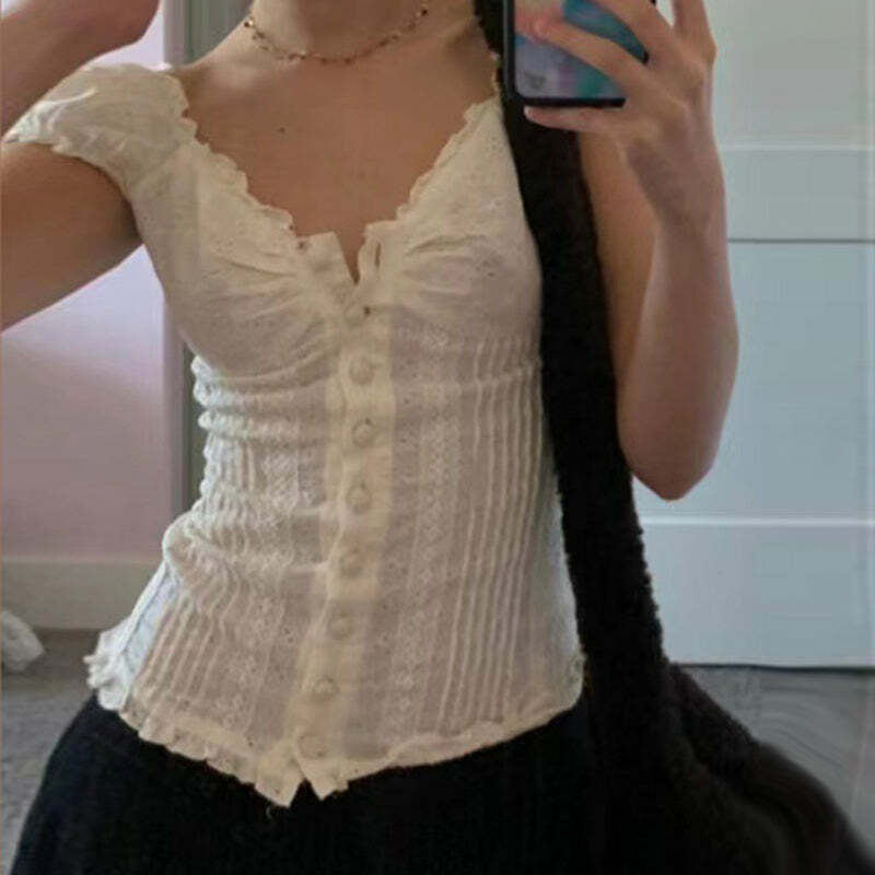 Naila Short Sleeve Lace Top - Y2K Summer Grunge, 90s Retro, Pastel Goth, Y2K Party Outfit