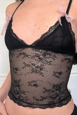 Nataly Lace Crop Top with Bow Detail - Y2K Summer, 90s Grunge, Retro Party Outfit