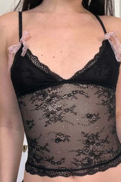 Nataly Lace Crop Top with Bow Detail - Y2K Summer, 90s Grunge, Retro Party Outfit