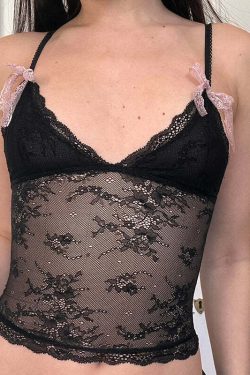 Nataly Lace Crop Top with Bow Detail - Y2K Summer, 90s Grunge, Retro Party Outfit