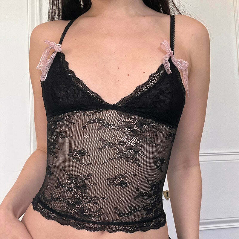 Nataly Lace Crop Top with Bow Detail - Y2K Summer, 90s Grunge, Retro Party Outfit