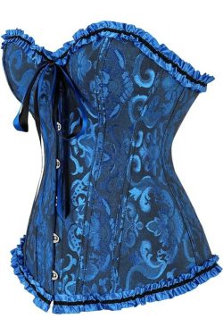 Navy Blue Gothic Ruffle Trim Overbust Corset - Y2K Grunge, 90s Fashion, Retro Summer Outfit